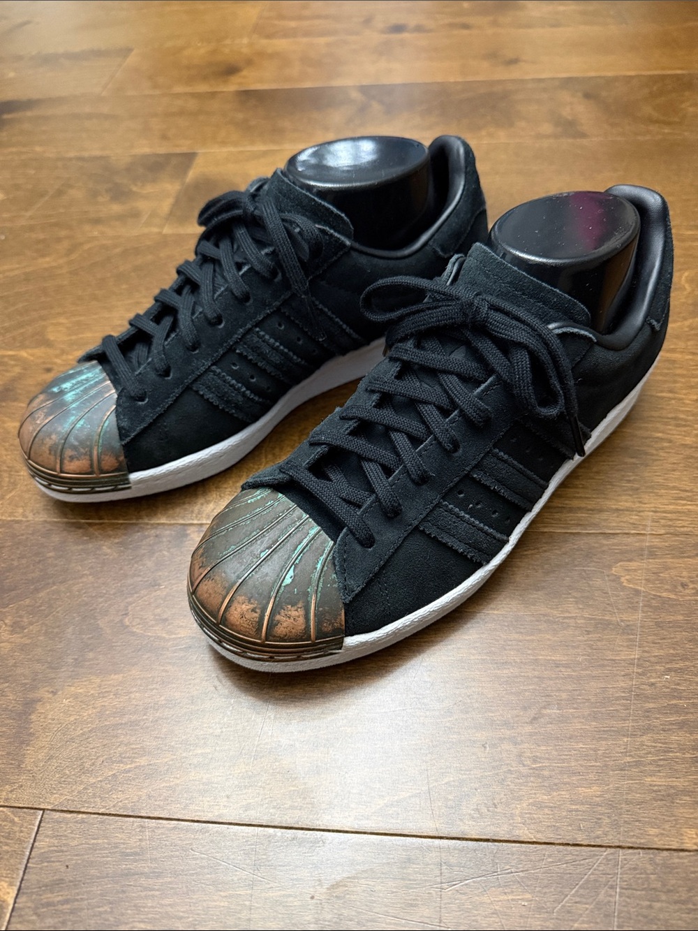 adidas Black Suede Sneakers with Aged Copper-Tone Shell Toe - Picture 2 of 10